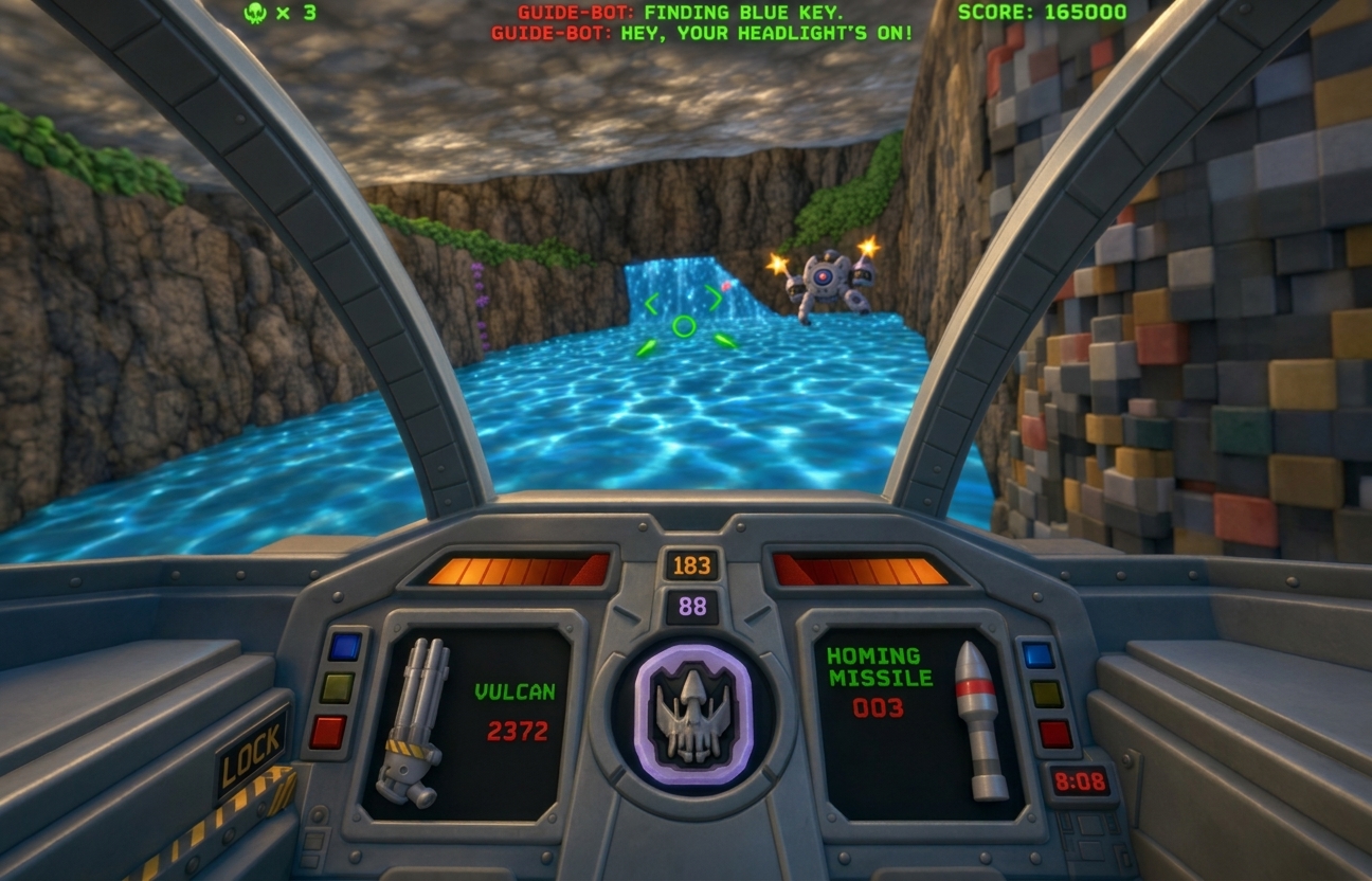 Original Descent (1995) screenshot — a flooded blue corridor