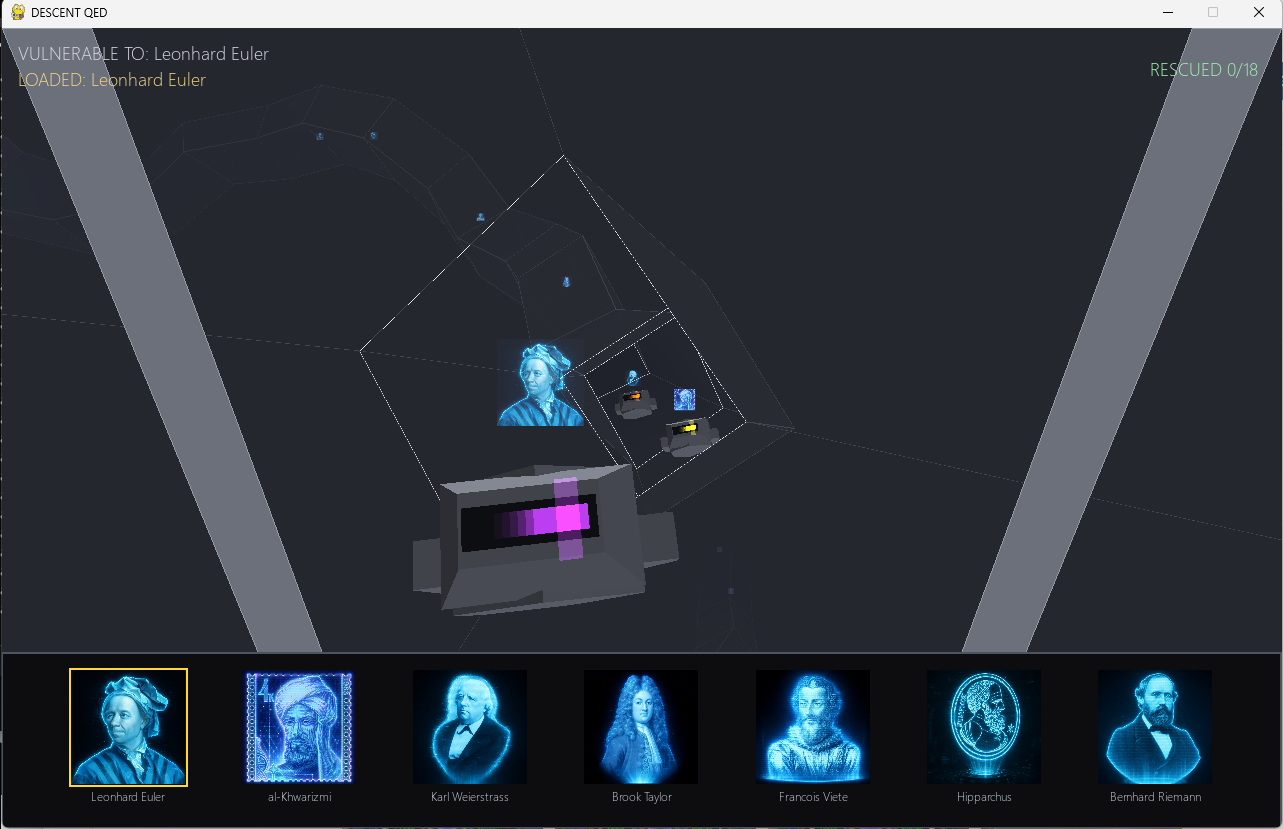 Descent QED in-game screenshot — flying through the equation tunnel