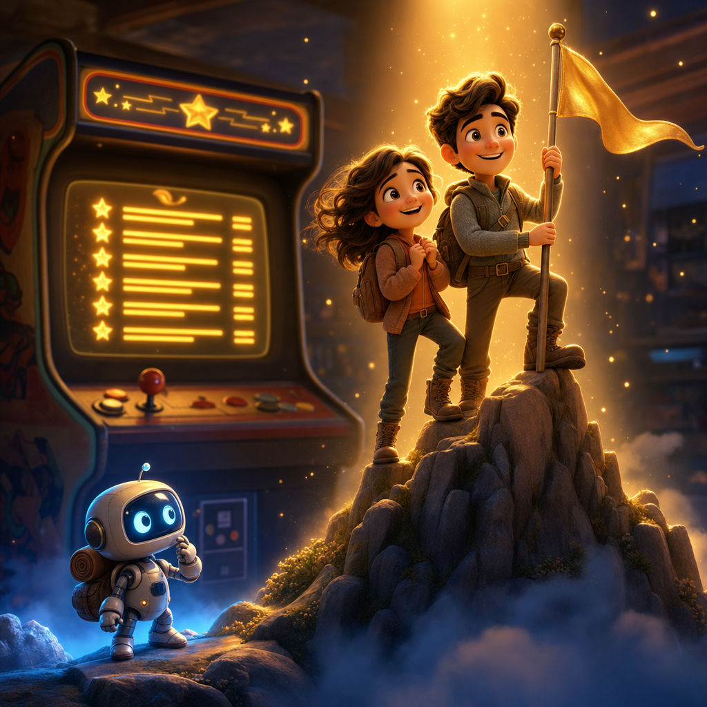 A cute retro arcade cabinet glowing in a cozy room, its screen showing a golden Hall of Fame high-score board, with a brave couple — a guy and a girl — standing triumphantly together on a mountain summit while a friendly but puzzled robot looks up from below