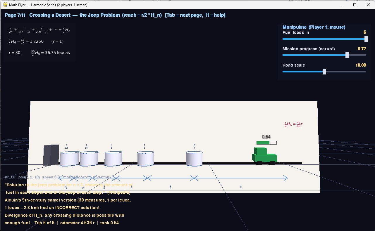Harmonic Series Demo — the jeep 'crossing a desert' problem with fuel depots
