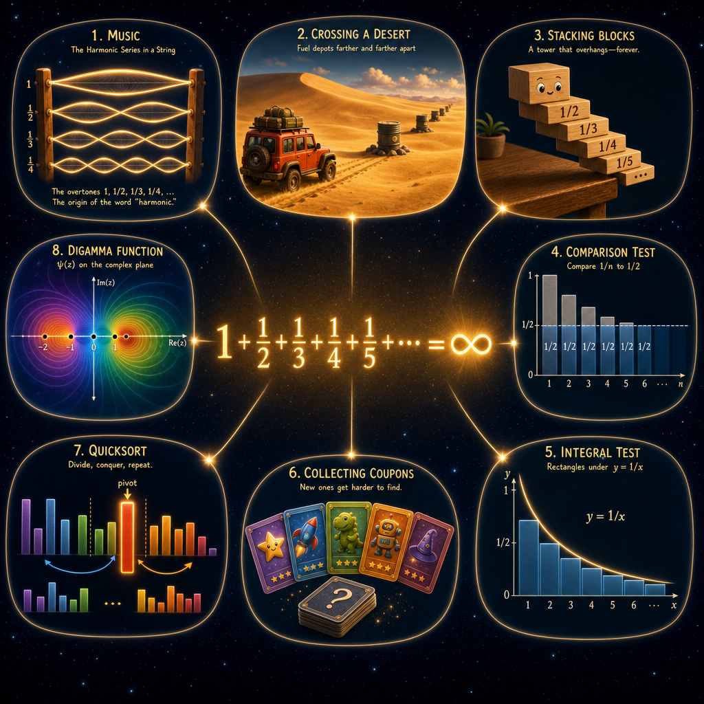 Harmonic Series Demo hero art — the harmonic series formula 1 + 1/2 + 1/3 + ⋯ = ∞ glowing at the center, surrounded by its real-world examples: a vibrating musical string, a jeep crossing a desert, cantilevered stacking blocks, the comparison-test rectangles, the integral-test hyperbola, collectible coupons, quicksort bars, and the digamma complex-plane swirl