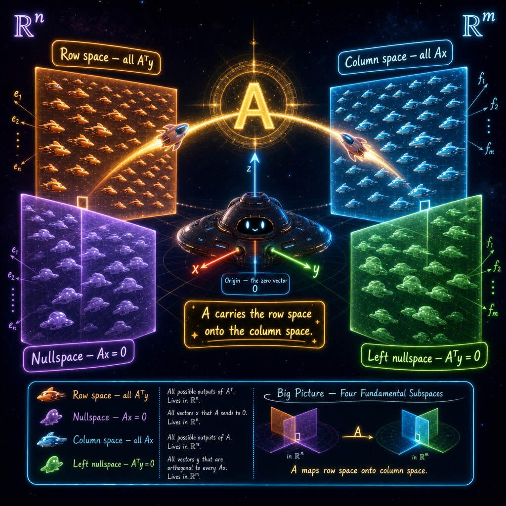 Homeworld: A Good Basis hero art — Gilbert Strang's Big Picture of the four fundamental subspaces as a cozy space-fleet scene: an orange row space and violet nullspace on the left, a cyan-blue column space and green left-nullspace on the right, joined by a golden matrix A gateway, with a dark mothership at the origin and red/green/blue basis axes on her hull