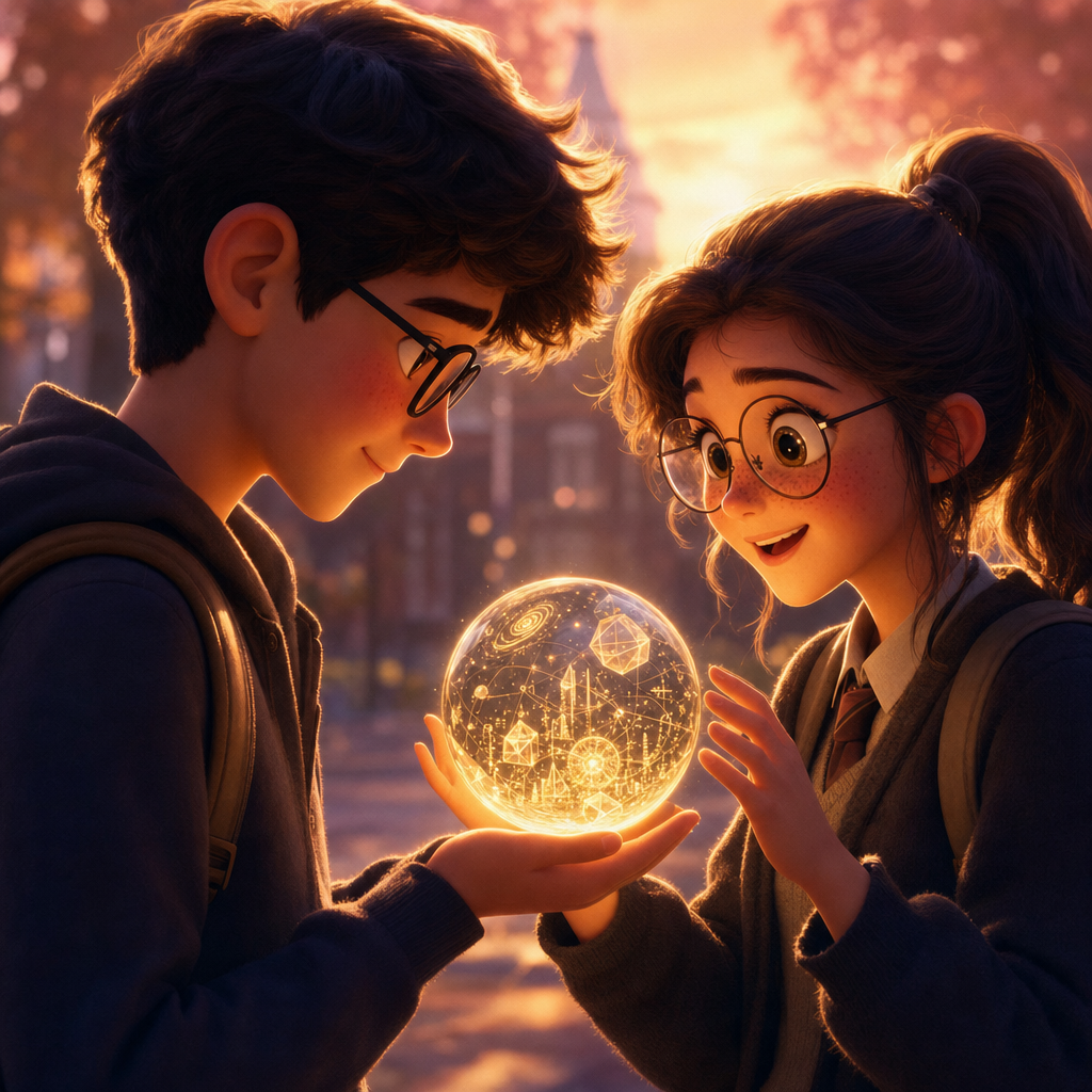A shy teenage boy with glasses, blushing, hands a delighted nerdy girl with a ponytail and freckles a small glowing magical sphere holding a miniature living mathematical world of golden spiral galaxies, her face lit up with wonder, at sunset.