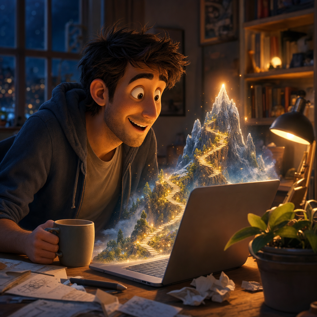 A young maker at a laptop at night, a glowing miniature mountain range and a path of golden lanterns pouring out of the screen — anyone can conjure a world from a laptop.