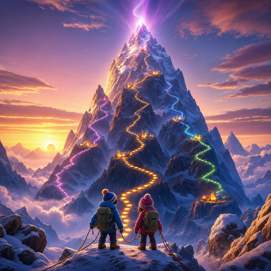 A stylized mountain with several colored climbing paths winding up its slopes, glowing base-camp tents and campfires, and chains of luminous stepping stones; two tiny roped climbers at the bottom look up at the aurora-lit summit.