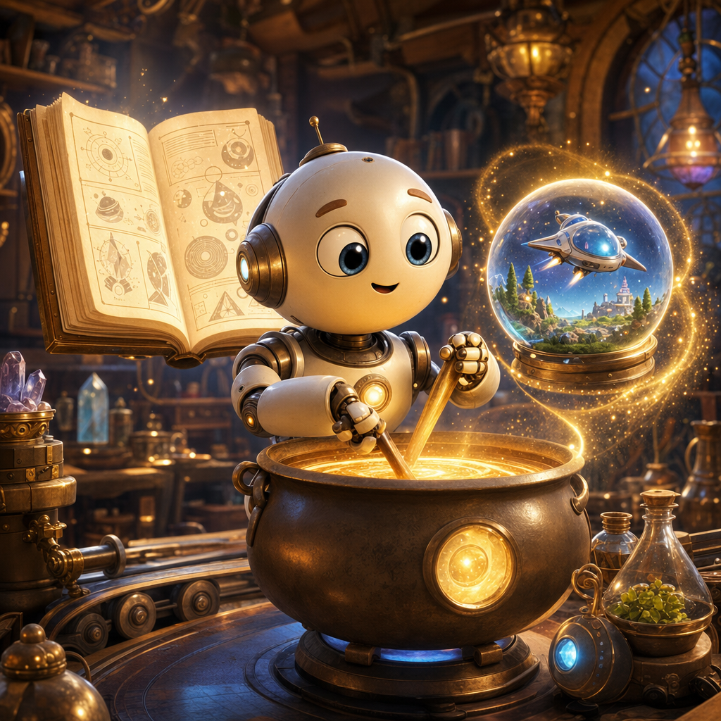 A whimsical magical kitchen-workshop: a glowing open encyclopedia book on the left, a friendly round robot stirring its glowing contents in a cauldron like a chef, and on the right a shining crystal snow-globe rising out with a tiny playable 3D world and spaceship inside.
