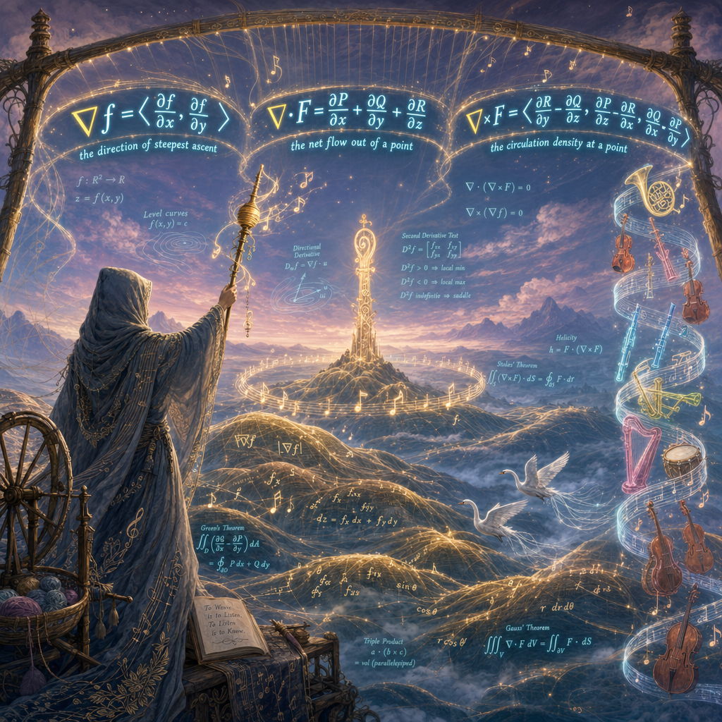 LOOM2 — Sonifiquation hero art: a mathematical surface of peaks and valleys with a glowing Listening Totem planted in the landscape; to the right, the Sonifiquation Coordinates helix showing the orchestral neighborhood as brass/strings/woodwinds seated around the coil