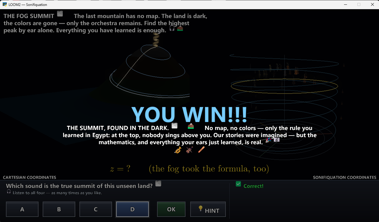 LOOM2 — a correct answer celebration: YOU WIN!!!