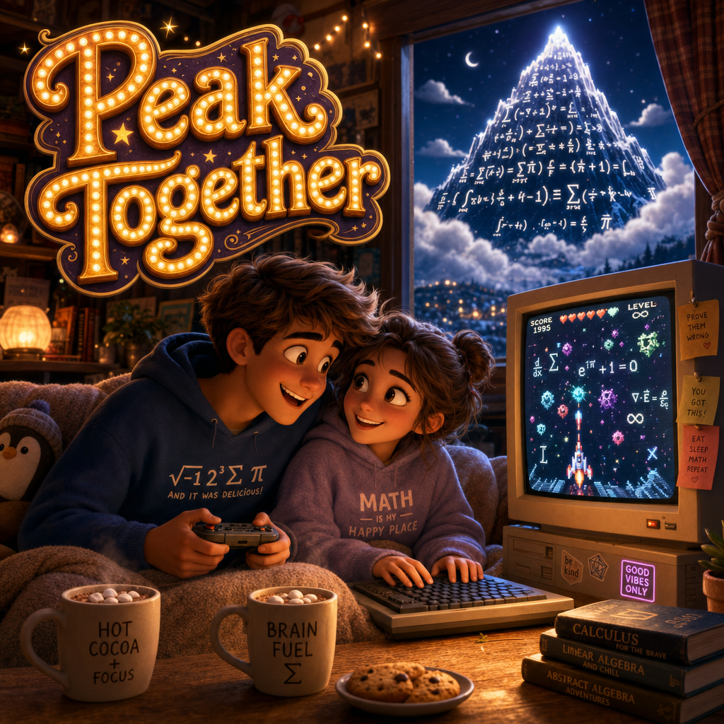 A cute couple sitting close together on a cozy couch, sharing a keyboard and controller, faces lit by the warm glow of a screen showing a spaceship flying through glowing mathematical tunnels, with a magical snowy mountain of equations rising through the window behind them