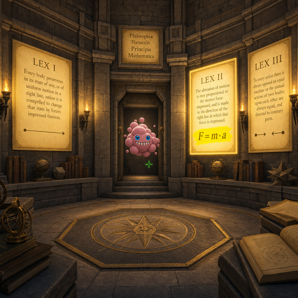 Quake: Principia hero art — a warm torch-lit gothic dungeon chamber with Newton's three Laws of Motion glowing on the stone walls, and a cute pink blobby demon floating near the center