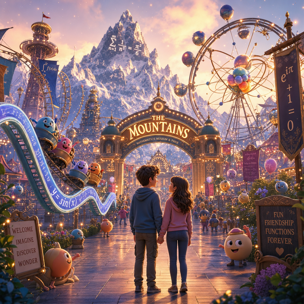 A whimsical theme park where roller coasters and rides are made of giant glowing mathematical equations, with cute characters riding a sine wave coaster and a couple holding hands beneath a Ferris wheel made of orbiting atoms